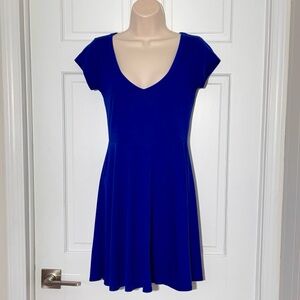 SUPRE Royal Blue V Neck Mini Dress Fit Flare Short Sleeve Size S